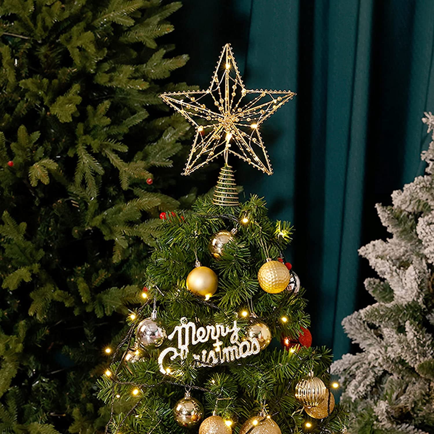 Christmas Tree Topper, 10 LEDS Tgnazet 9.84 Inch Christmas Star Tree Topper with Lights Beads, Battery Operated Tree Toppers for Christmas Xmas Tree Holiday Party Decor, Gold Star Warm White