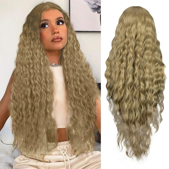 LEHOZIHEQ Brown Wig With Bangs, Long Wavy Brown Mixed Blonde Highlight Wig with Dark Roots Ombre Natural Curly Synthetic Resistant Fiber Wigs for Women Daily Party Use 26 Inches