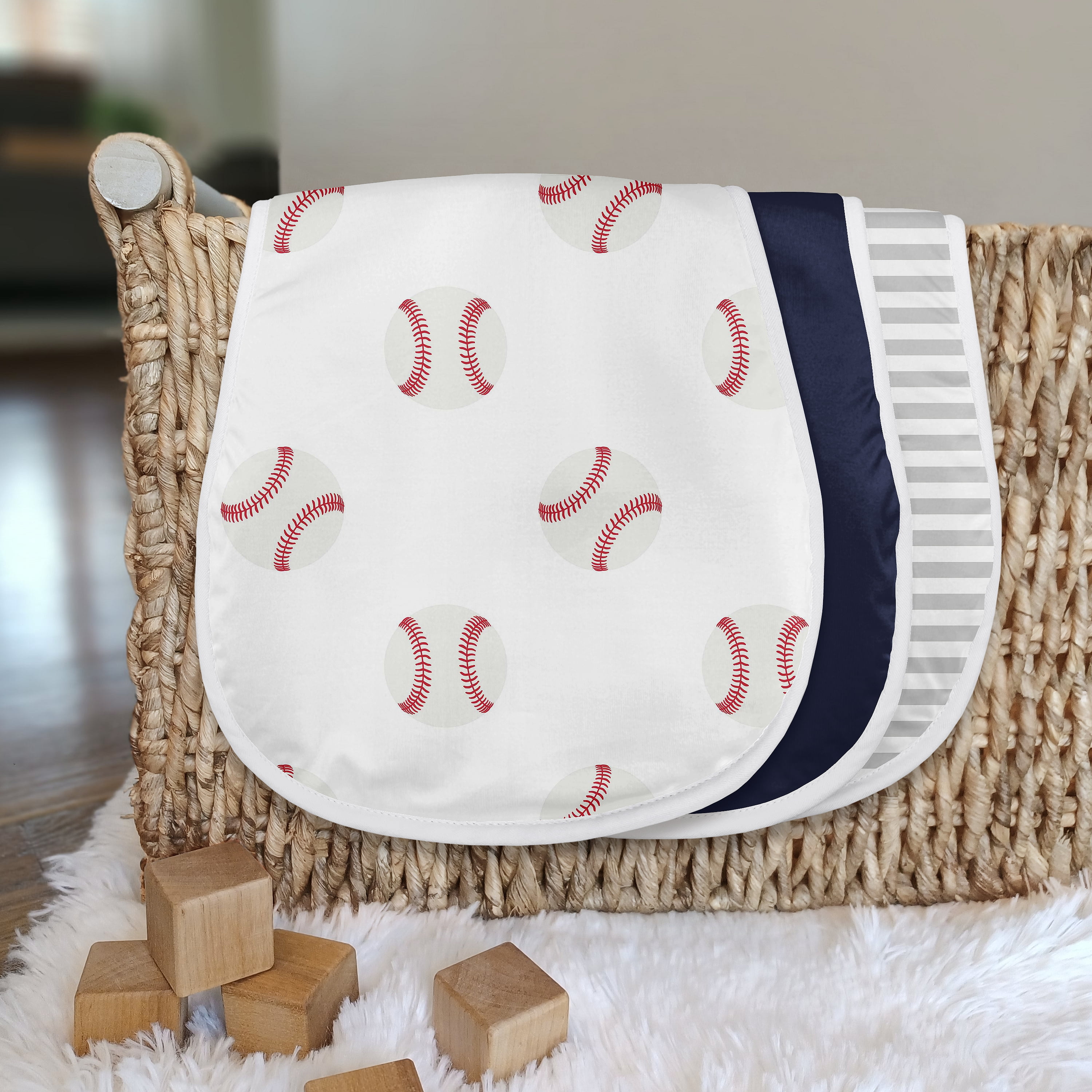 Sweet Jojo Designs Baseball Patch White Blue and Grey Absorbent Burp Cloths 3 Piece Set