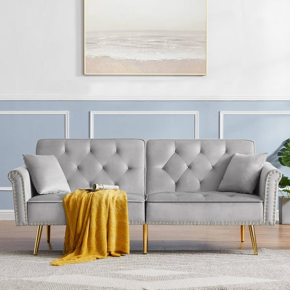 76" Tufted Velvet Sofa Bed Sleeper with 2 Pillows, Luxury Loveseat Couch, Convertible Futon with Vintage Nailhead Trim and Metal Legs, for Living Room, Bedroom, Apartment, Bonus Room, Light Gray