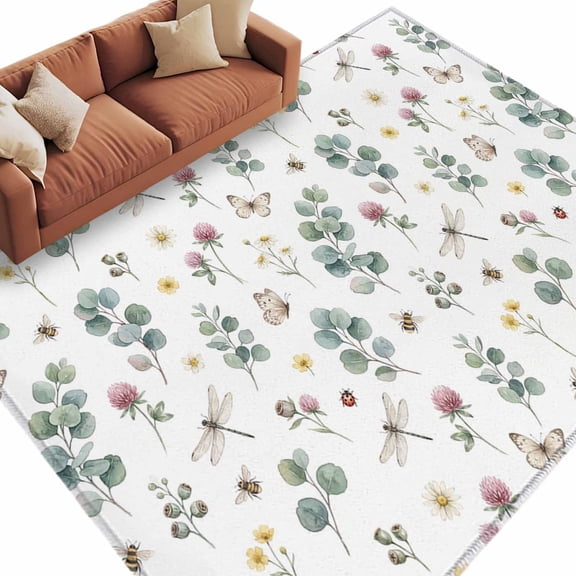 Wildflowers Washable Living Room Rugs 5'x7', Rustic Pink Floral Leaf Dragonfly Butterfly Low Pile Throw Large Area Rugs Non-Slip Sturdy Edge Binding Carpet for Dining Room Bedside Kitchen
