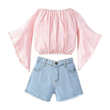 

HIBRO Toddler Suit Summer Girl s Western Style Suit One Line Shoulder Flower Print Flared Sleeve Tops Denim Shorts 2pcs Outfits Cotton Floral Girl Baby Blanket