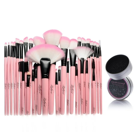 Zodaca 32 pcs Makeup Brushes Set Kit for Powder Blush Eyeshadow Foundation Blending Eyeliner Highlighter Lip Highlighting Contouring Pink + Makeup Brush Cleaner Color Switch Sponge (2-in-1