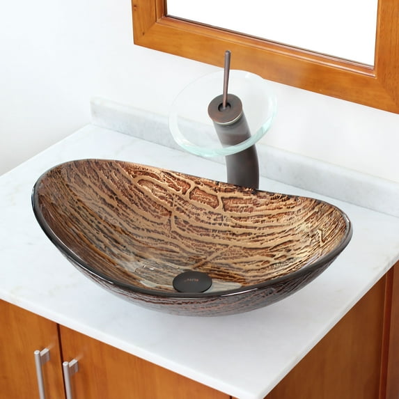 Elite Handcrafted Tree Bark Pattern Tempered Glass Bathroom Vessel Sink with Oil Rubbed Bronze Pop-up Drain and Mounting Ring - 1212+P01008ORB