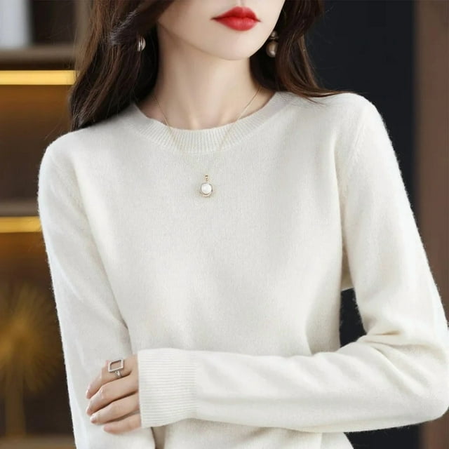 Women's Knit Sweater Long Sleeve Round Neck Soft Loose Fit Beige