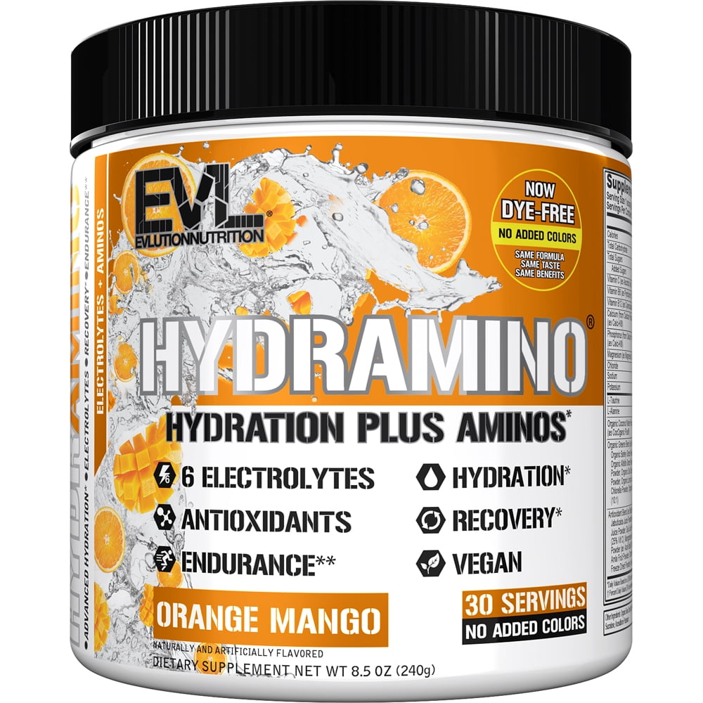 HYDRAMINO Electrolyte Drink Mix 30 Servings - Essential Amino Acid & Vitamin B Complex - Evlution Nutrition Coconut Water Hydration Powder, Orange Mango Flavor (Dye-Free)