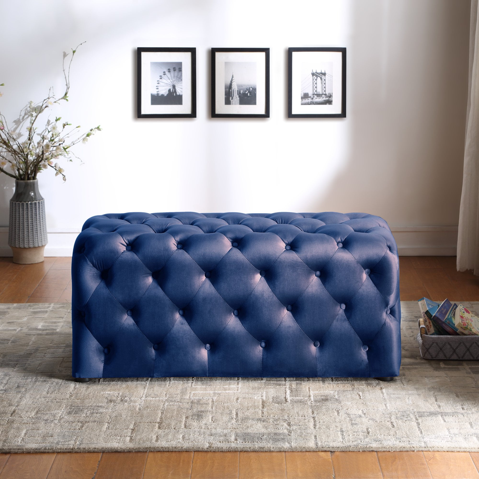 Nathaniel Home Deep Button Tufted Microfiber Ottoman, Upholstered Rectangle Ottoman Seat, for End of Bed Blue