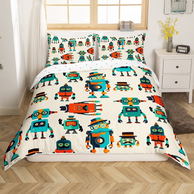 Erosebridal Housse de Couette Robot Dessin Animé Complète pour Adolescent, Literie Machine Intelligente Taille Complète, Décoration Colorée, Réversible, 3 Pcs (Sans Couette)