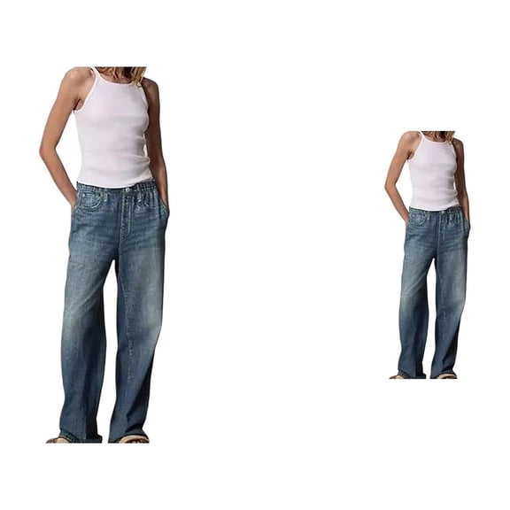 Vintage Mid Rise Womens Jeans Trendy Straight Wide Leg Denim Pants with Casual Loose Fit, Long Length, Classic Wash & Functional Pockets