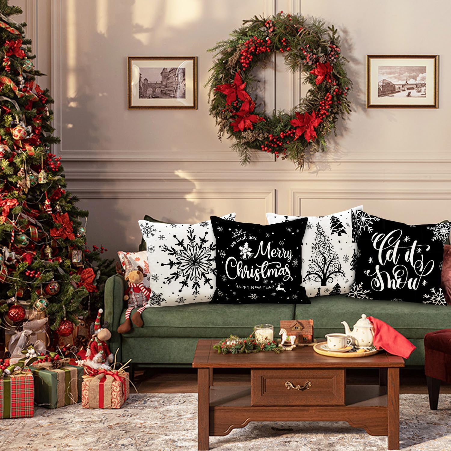 Christmas Throw Pillow Covers 16x16 4 pcs, Black White Merry Christmas Xmas Winter Snowflake Decorative Holiday Cushion Pillow Cases 16 x 16 Indoor Farmhouse Home Room Couch Sofa Decor