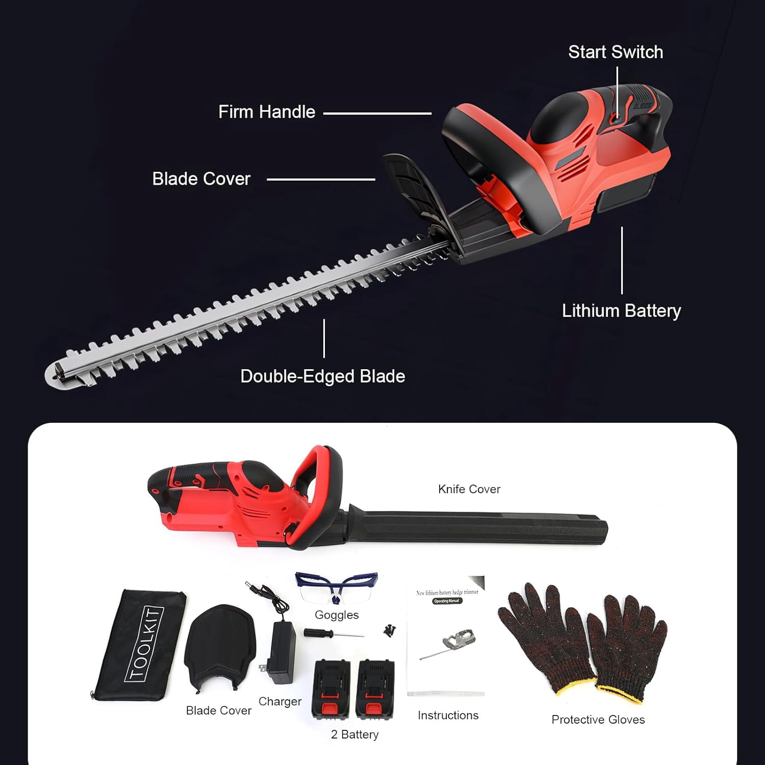 22 Inch Cordless Hedge Trimmer with Double-Action Blade and 2-Pack Batteries for Garden Pruning