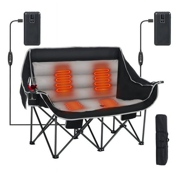 Heated Double Camping Loveseat with Cupholders, Storage Pocket, Power Bank, Heavy Duty for Outdoors, Camping, Picnic