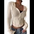 thumbnail image 3 of Chaqueta Corta Ligera con Capucha, Cremallera y Cordón de Larga para Mujer Caqui S, 3 of 9