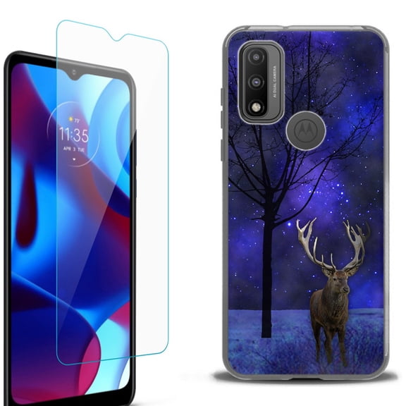 Slim-Fit Protective Phone Case (Black) compatible with Motorola Moto G Pure 5G, with Tempered Glass Screen Protector, by OneToughShield ® - Midnight Deer