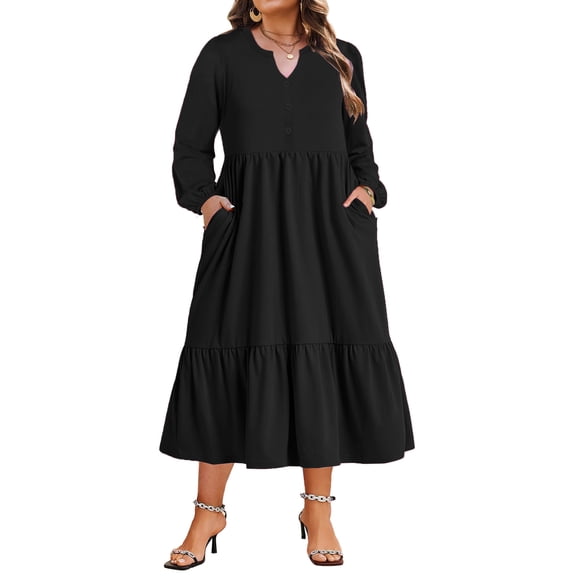 Plus Size Black Floral Print Henley V-Neck Tiered Midi Dress, Long Sleeve Casual Dress with Side Pockets