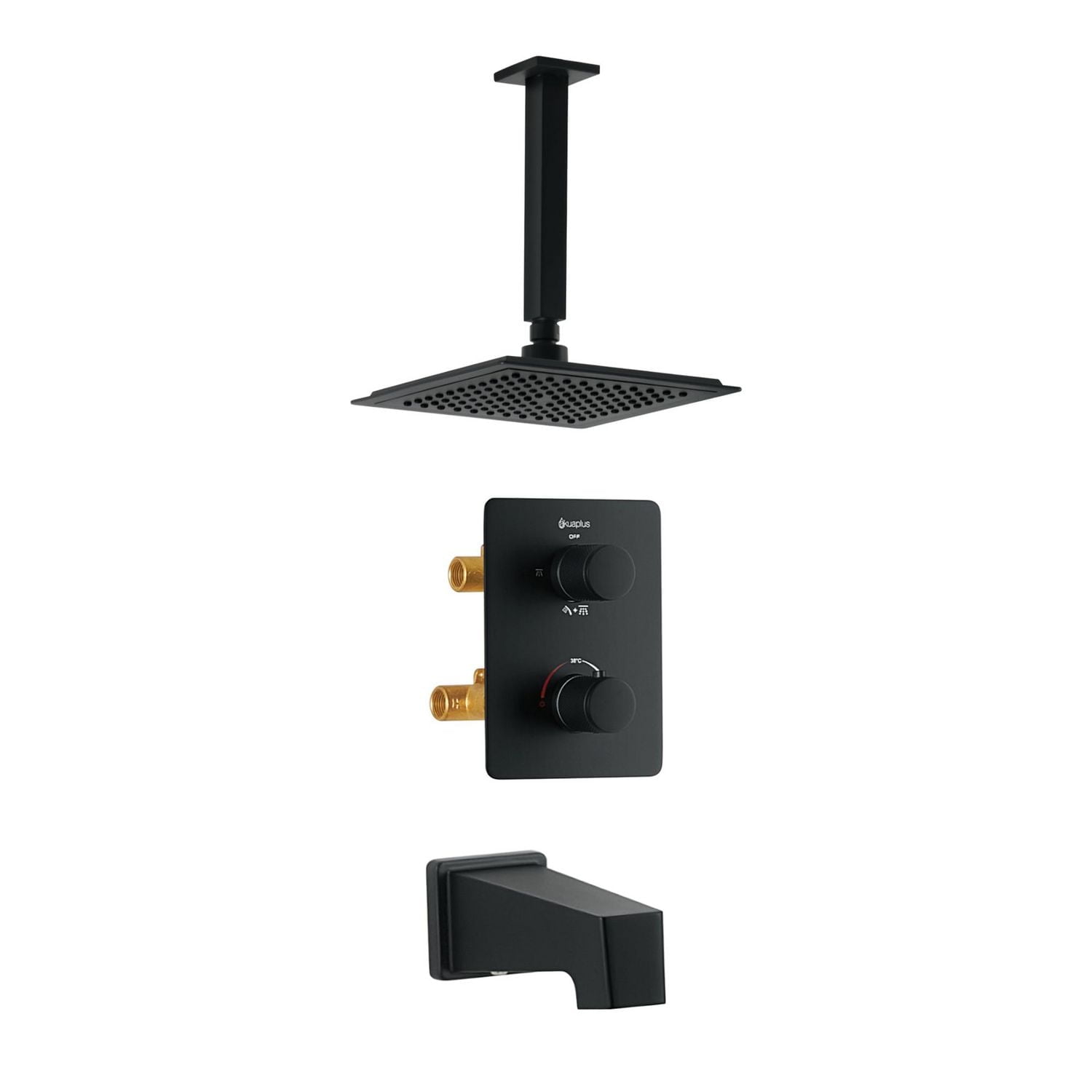 Square 3-functions thermostatic valve, shower head, bath spout or simultaneously, Matte black finish