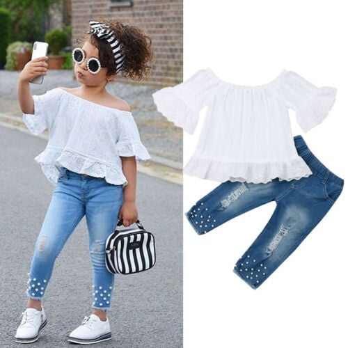 Summer Toddler Kids Baby Girls Tops White T-shirt Denim Long Pants Jeans  Outfits Set 