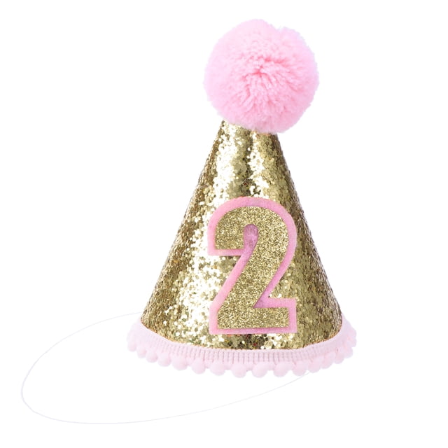 FELTECHELECTR Sombrero de cono con purpurina brillante para segundo cumpleaños con diadema ajustable para fiesta de niña (rosa)