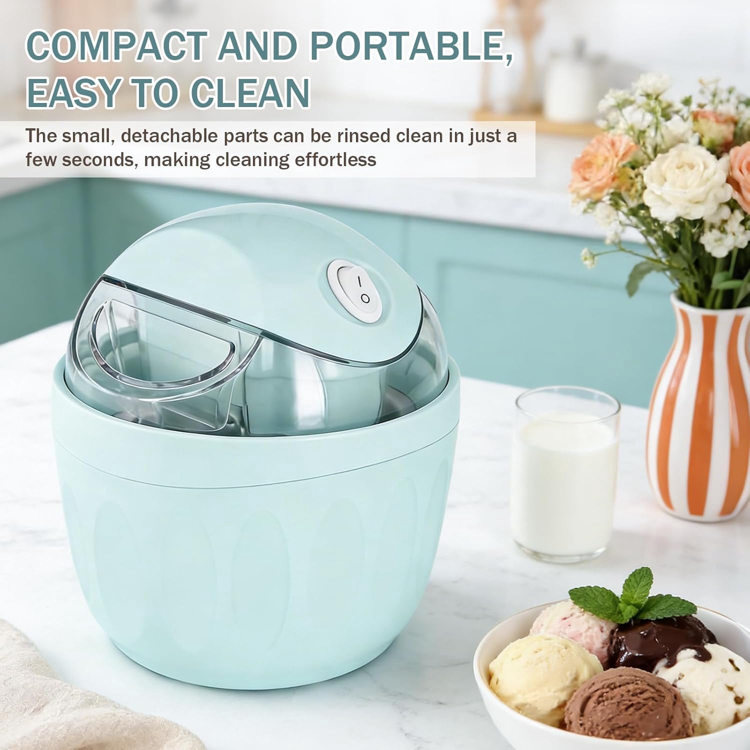 Mini Ice Cream Maker DIY Frozen Desserts, Single Serving Gelato Yogurt, One-Touch Electric Kitchen Maker Fast in 15 Minutes