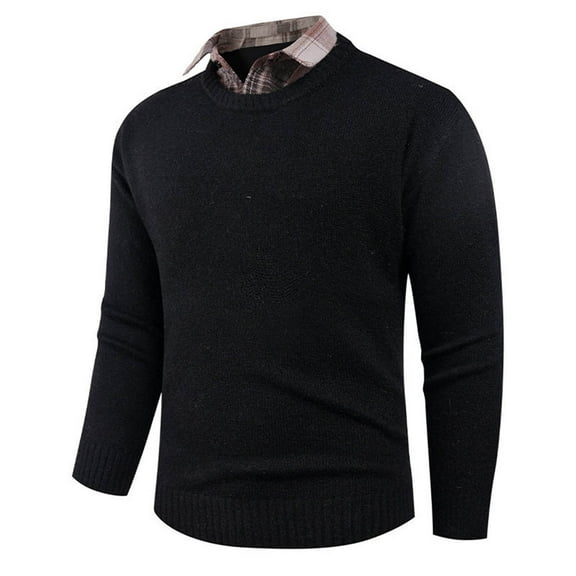 SYMOID Mens Black 2-in-1 Acrylic Sweater with Plaid Collar - Crew Neck Warm Fall Winter Casual Dressy Sweater for Men, M-XXXL, Easy Care,Size 3XL