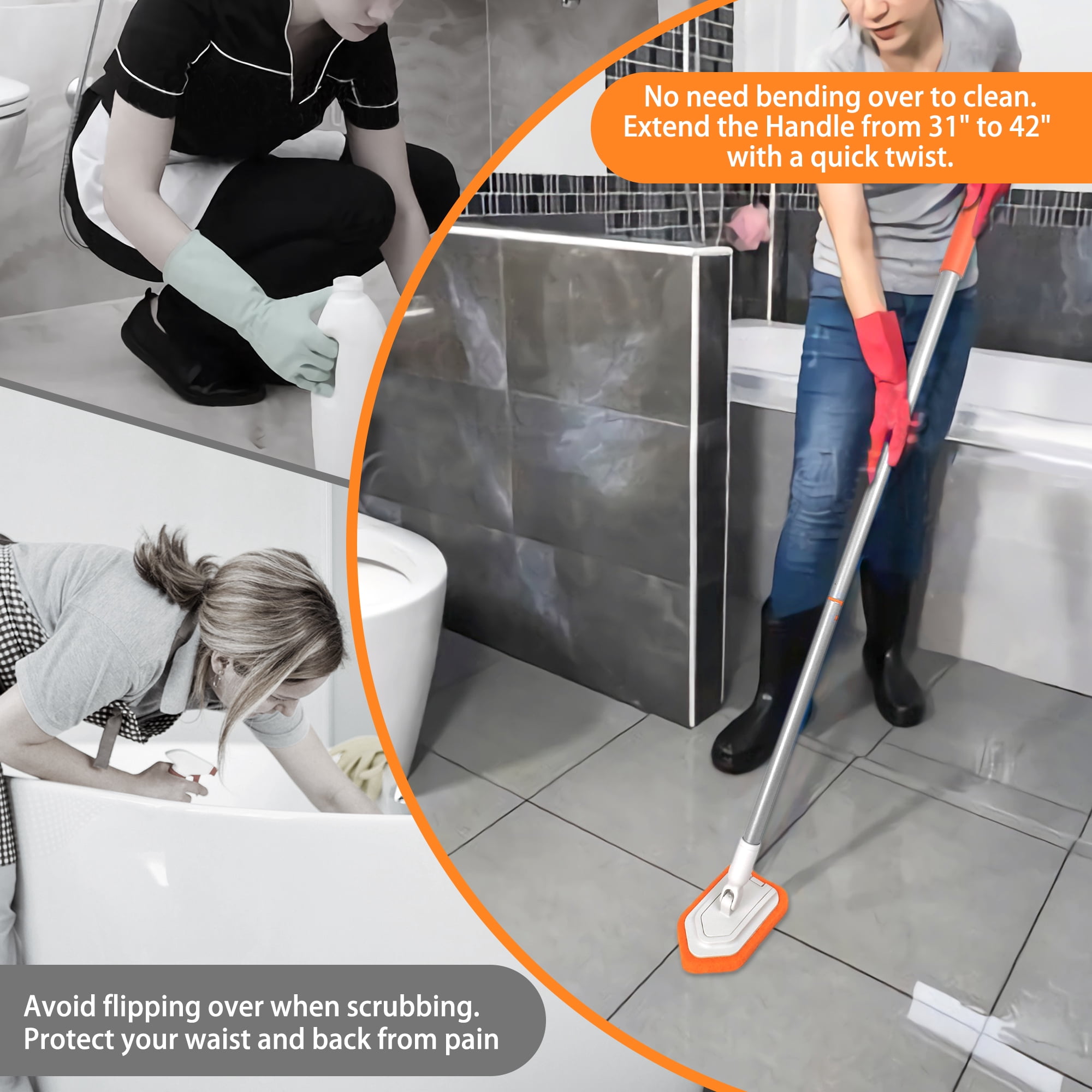 Shower Cleaning Brush, Bath Tub and Tile Scrubber Brush with 42 inch Extendable Long Handles Shower Scrubber for Cleaning Shower Bathroom, Orange