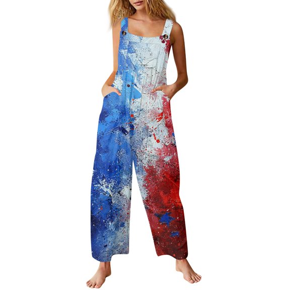 JULMCOMO American Flag Jumpsuits for Women Independence Day Cotton Wide Leg Patriotic Rompers Red White Blue Sleeveless 4th of July Outfits with Pockets Deep Red 2XL