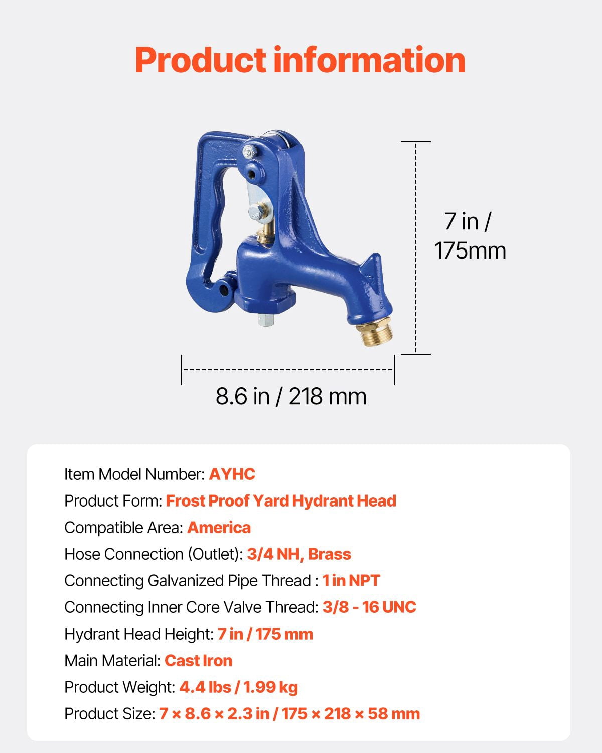 Frost-Proof Yard Hydrant Head 3/4" Hose Coupling 1" NPT Cast Iron for Garden Car Wash Livestock