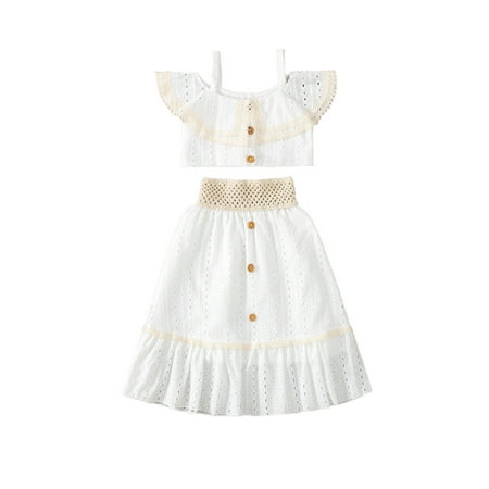 

Canrulo Summer Little Girls Holiday Clothes 2pcs Off Shoulder Lace Floral Hollow T Shirts+High Waist A-Line Skirts Sets White 3-4 Years