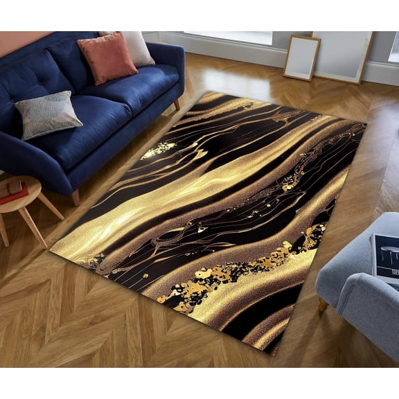 Brown Gold Marble Thin Area Rugs Abstract Luxury Non-Shedding Non Slip Backing Decoration Carpets, for Living Room, Bedroom, Hallway, Dining Room Floor 2x3ft