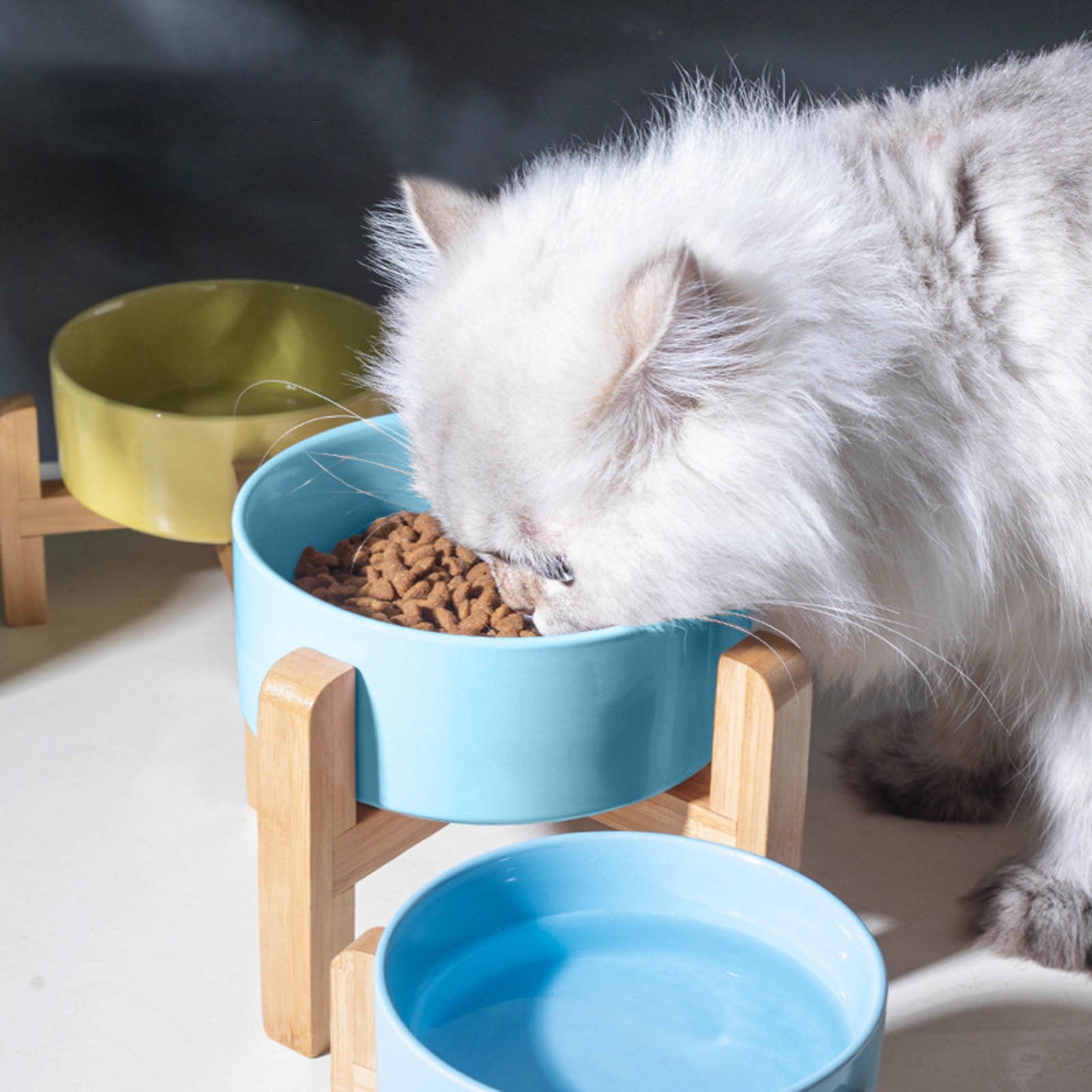 Elevated Ceramic Pet Food and Water Bowls with Vomit Tilt Design for Feeding Posture in Cats and Small Dogs