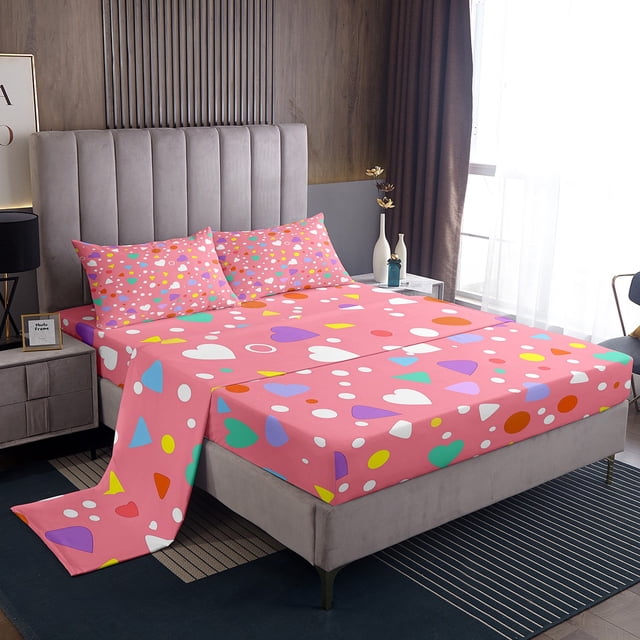 YST Colorful Geometry Bed Sheets Set Abstract Geometric Sheet Set Twin Size Girly Love Heart Print Sheets for Kids Pink Princess Flat Fitted Sheet with 1 Pillowcase