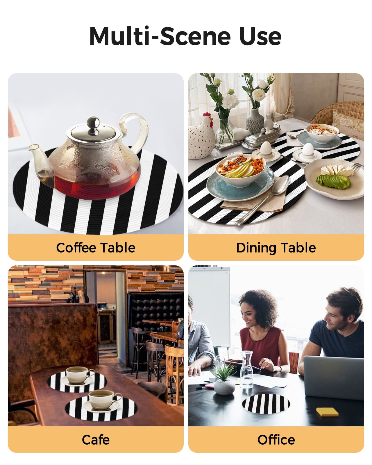 Black and White Striped Pattern Round Table Placemats set of 4, Minimalist Washable Woven Place Mats for Dining Tables Kitchen Party Decor,Heat Proof, 13in,