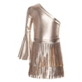 thumbnail image 5 of TiaoBug Kids Girls Latin Dance Outfit Shiny Metallic Fringe Dress One Shoulder Top with Tassels Skirts Set Camel 6, 5 of 7