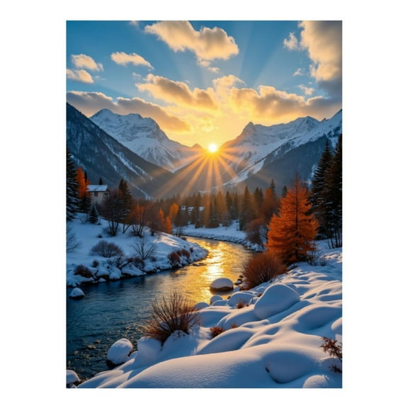 Diamond Art Kit for Adults, Winter Mountain Sunrise River Scene Diamond Painting for Adults Beginners, DIY Diamond Art Painting Kits, 5D Diamond Painting Crafts for Home Decor 12x16 Frameless