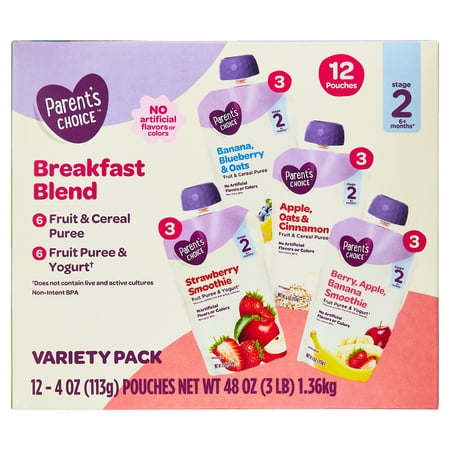 Parent's Choice Stage 2 Baby Food Breakfast Blend Variety Pack, 4 oz Pouches, 12 Count