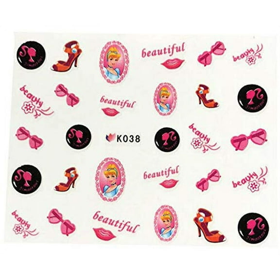 Cute Cinderella Nail Stickers - Pink Glasses, Shoe Beautiful Beauty Word also included - Salon Quality Nail Art - 1 Sheet Fingernails Disney Princess