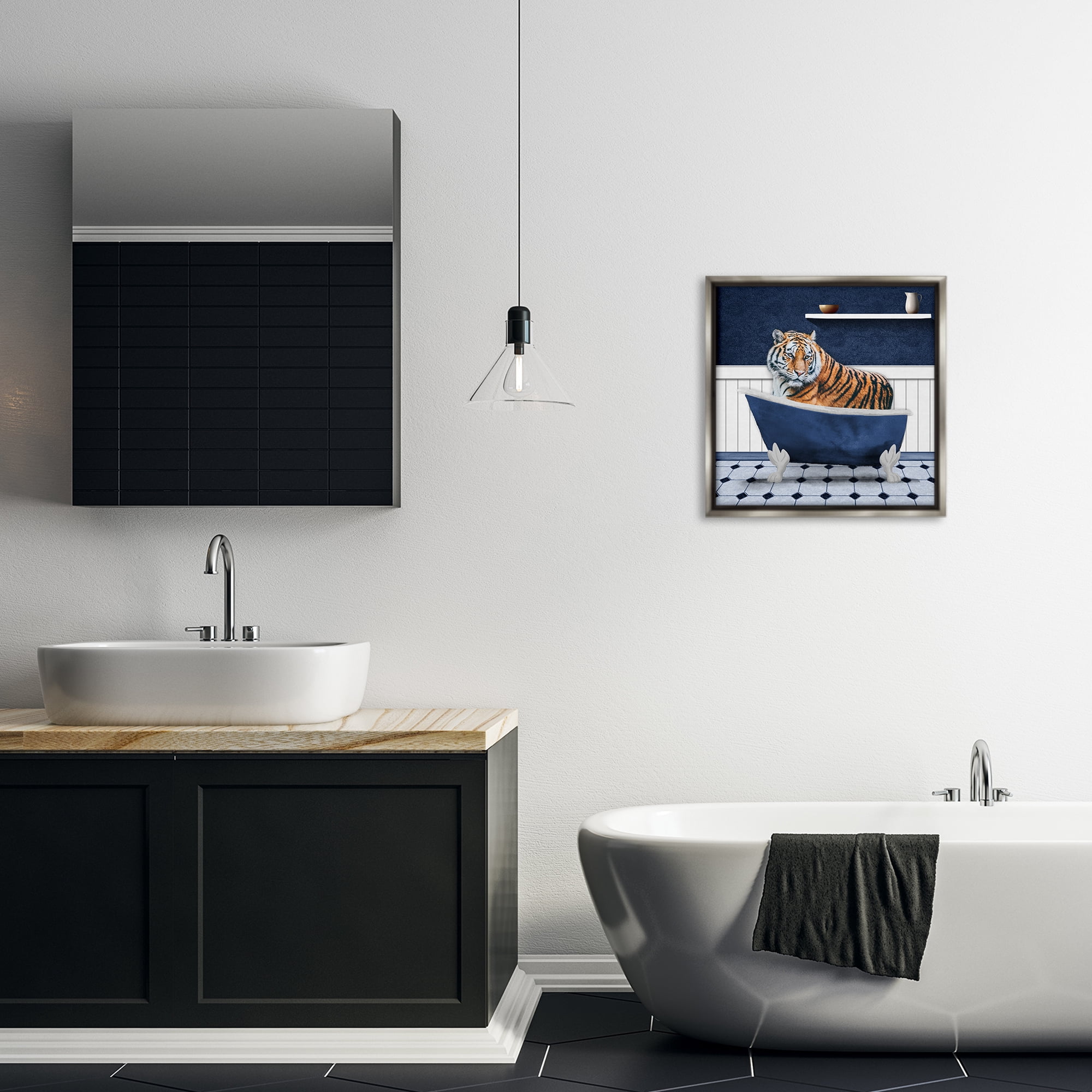 Stupell Industries Tiger in Blue Bathroom Bath & Laundry Painting Gray Floater Framed Canvas Art Print Wall Art, 18 x 18