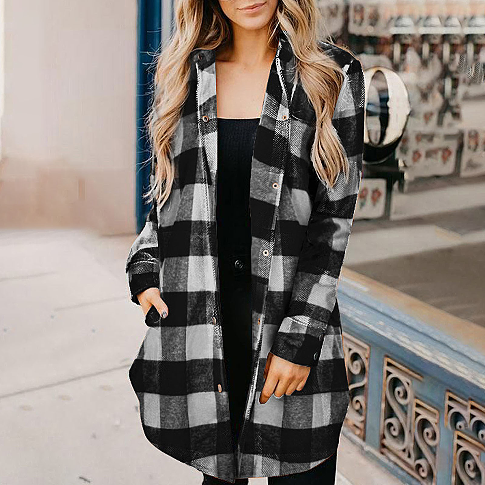 Open Front Plaid Buttons Shirt Cardigan 