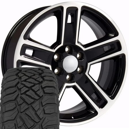 OE Wheels CV74B 22 Inch Rims and Tires Fit Silverado 1500 Style 6x139.7 22x9 Gloss Black Machined - Hollander 5664 - TerraMax RT 285/45-22 (Set of 4)