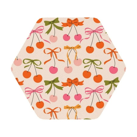 

Pofeuu Cherries And Bows Print Leather Coasters Set of 6 Round Cups Mugs Mat Pad for Home Kitchen Heat Resistant Drink Coasters Hexagon