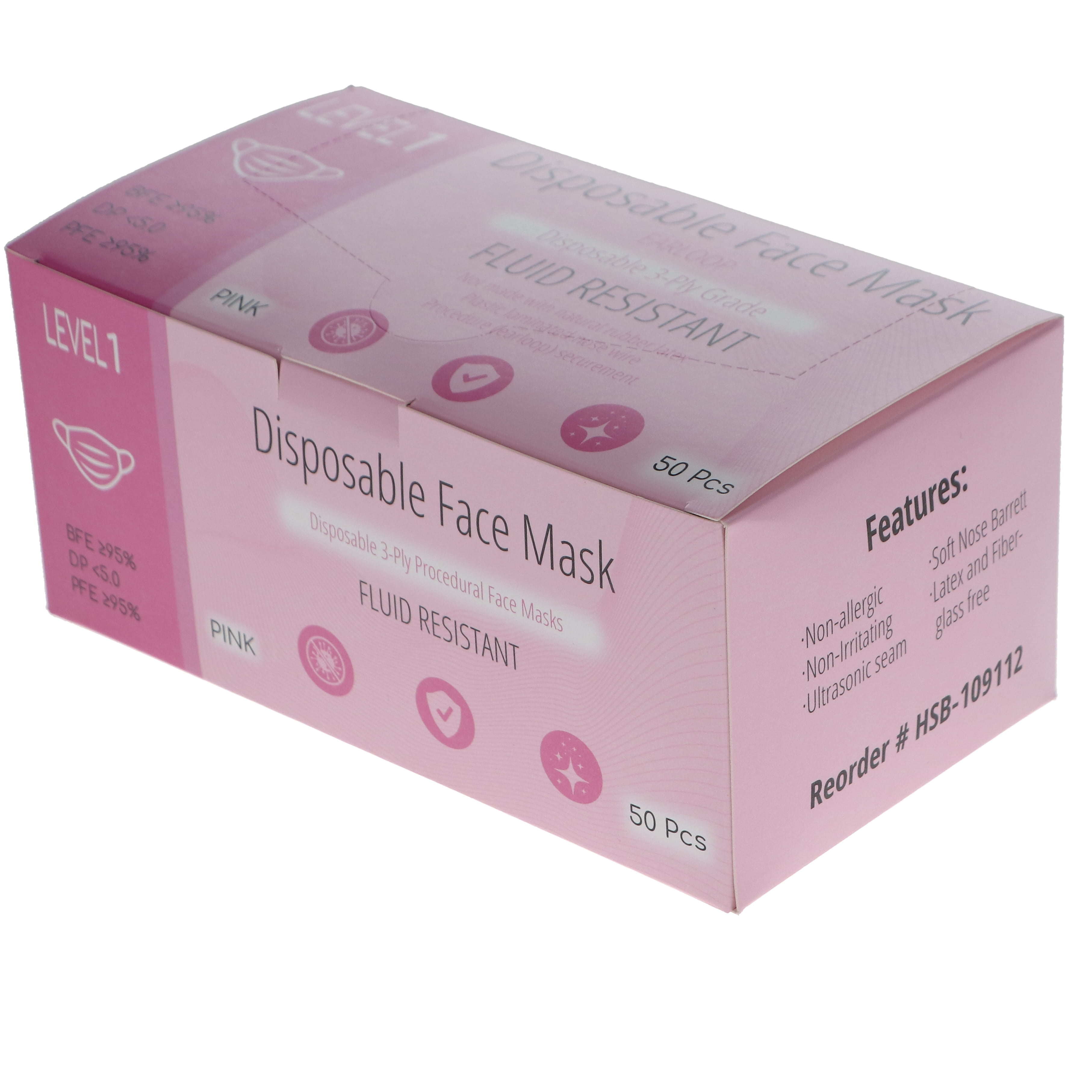 House Brand Dentistry 109112 3-Play Earloop Face Masks ASTM Level 1 Pink PFE 95% 50/Bx