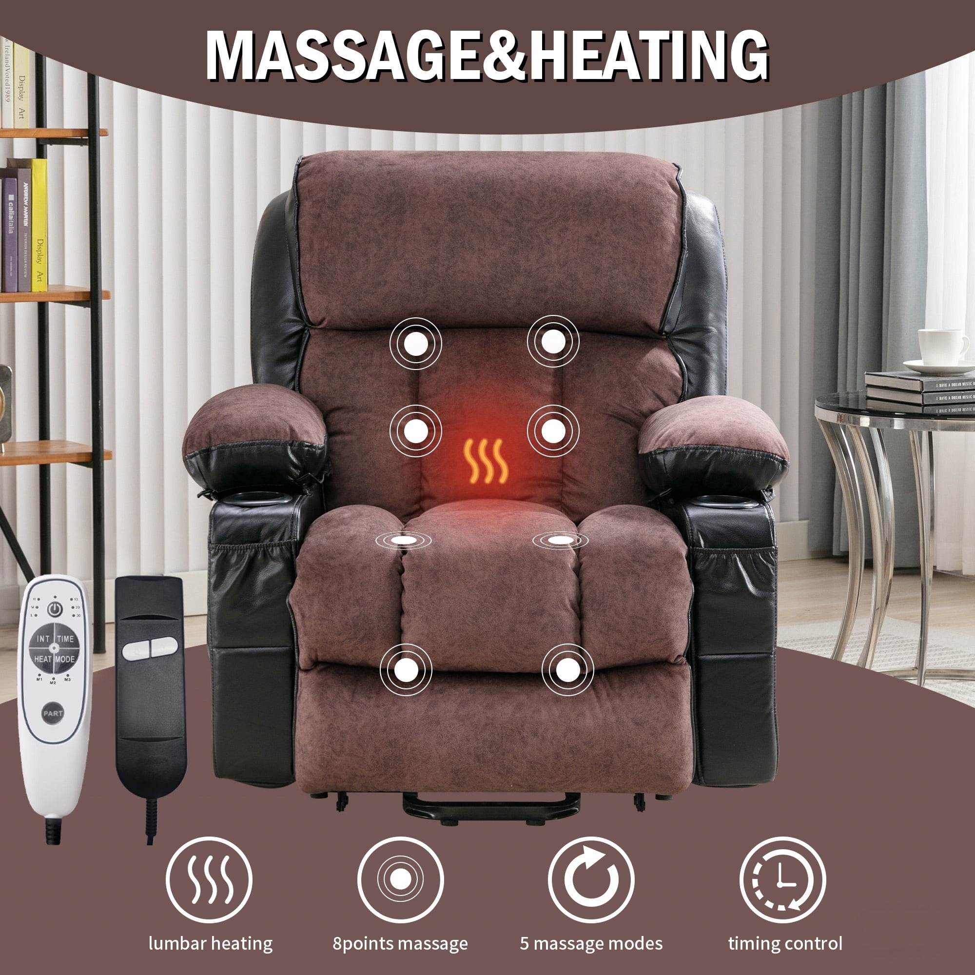 Segmart Massage Recliner Chairs with Remote Control, PU Leather Ergonomic Recliner Chair with Bread-Type Handrail & Padded Seat Backrest, Black & Brown