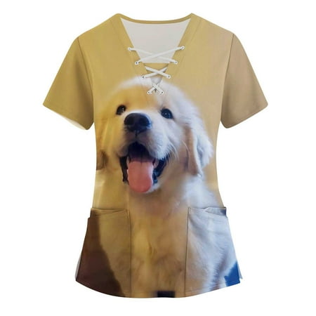 

QAZXD Scrubs Tops for Women Cute Shepherd Dog Print Short Sleeve Workwear Tops with Pockets Breathable V Neck Nursing