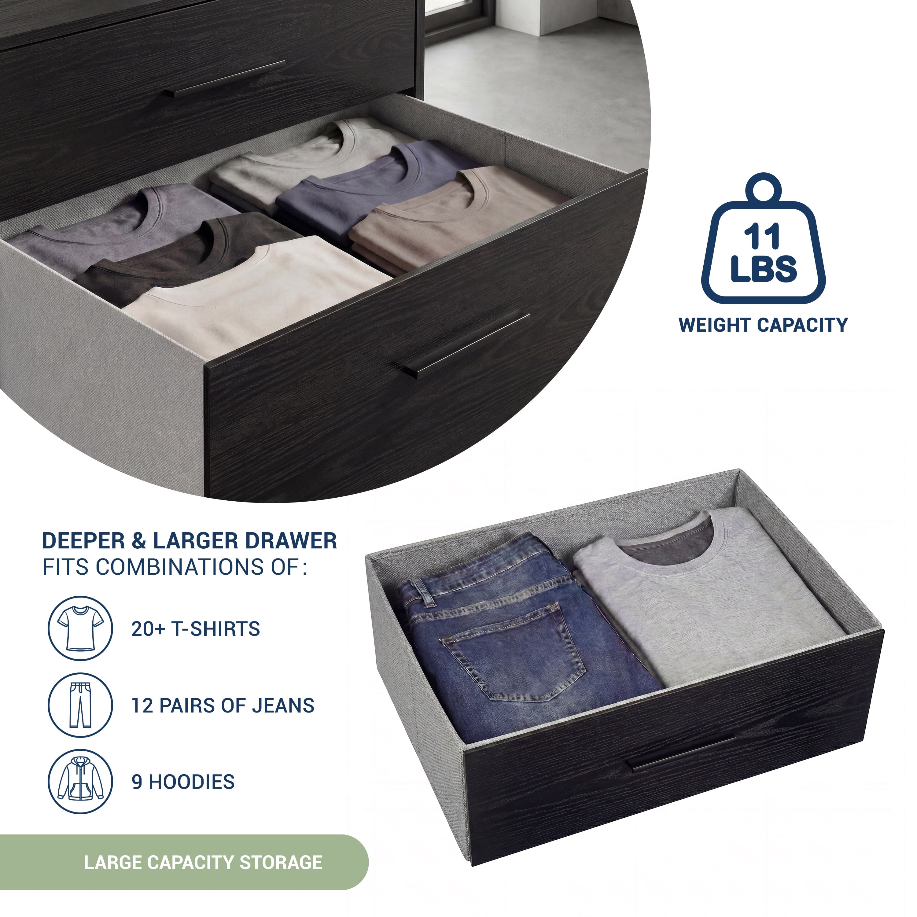 6-Drawer Dresser with Extra Large Fabric Bins, Wood Frame Storage Organizer for Bedroom, Living Room, or Hallway, Versatile Design Doubles as a TV Stand, Ideal for Home Organization, Black