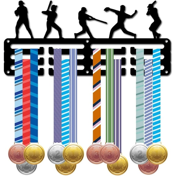 DIY Baseball Medal Holder Hanger Medals Display Rack Black Metal Iron Small Shelf Plaques Hangers Organizer Medal Frame Wall Mounted with 12 Hooks for Award Ribbon Football 11.4x5Inch DIY