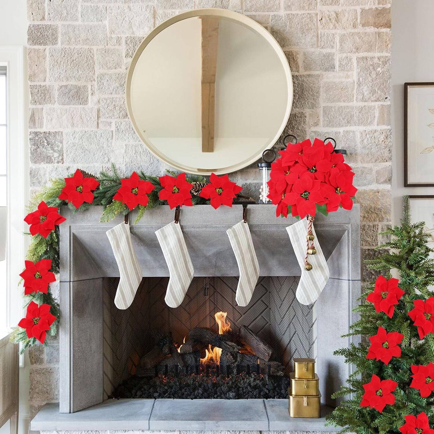 6 Pack Artificial Poinsettia Bushes, Red 7 Stems Velvet Poinsettia Floral, Christmas Artificial Poinsettia Flowers for Indoor Outdoor Christmas Xmas Tree Ornament Home Porch Decorations