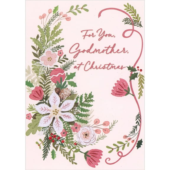 Designer Greetings Sparkling Flowers and Green Florals on Light Rose Background Christmas Card for Godmother