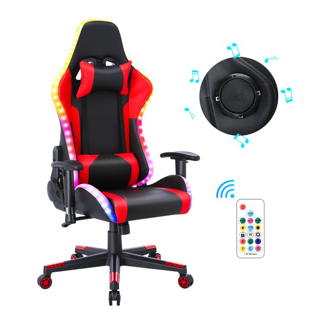 HomeMiYN Gaming Chair with Speakers Video and RGB LED Lights, Red PU