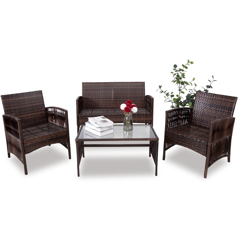 Kadyn Patio Furniture 4 Pieces Conversation Sets, Conversation Set with Rattan Chairs, loveseat and Glass Coffee Table, Rattan Outdoor Conversation Set for Porch, Brown Kadyn Patio Furniture 4 Pieces Conversation Sets, Conversation Set with Rattan Chairs, loveseat and Glass Coffee Table, Rattan Outdoor Conversation Set for Porch, Brown