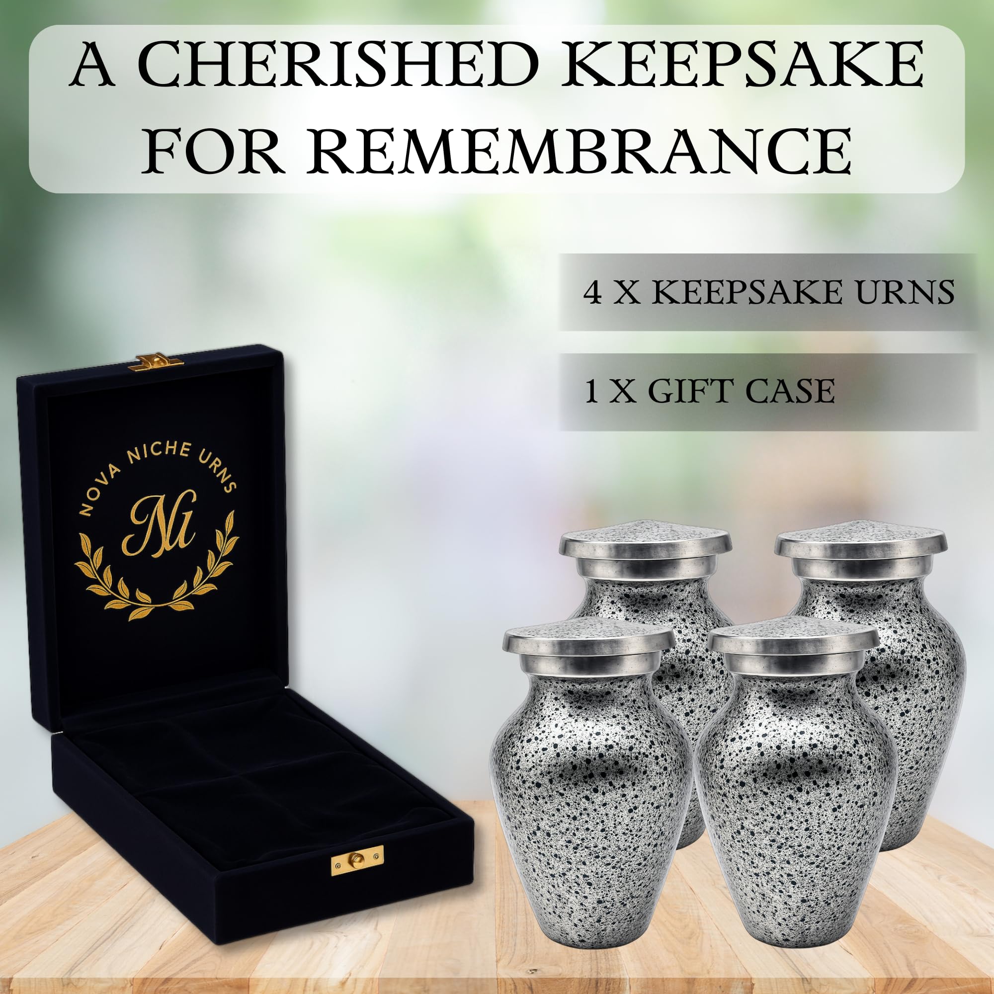 Nova Niche Urns Small Size Cremation Urn for Human Ashes, Mini Keepsake Set of 4 Black and Silver with Velvet Case